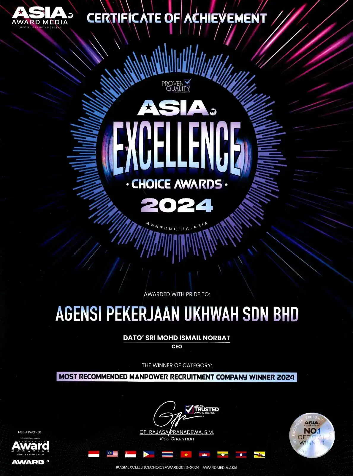 Asia Excellence Choice Awards 2024 certificate
