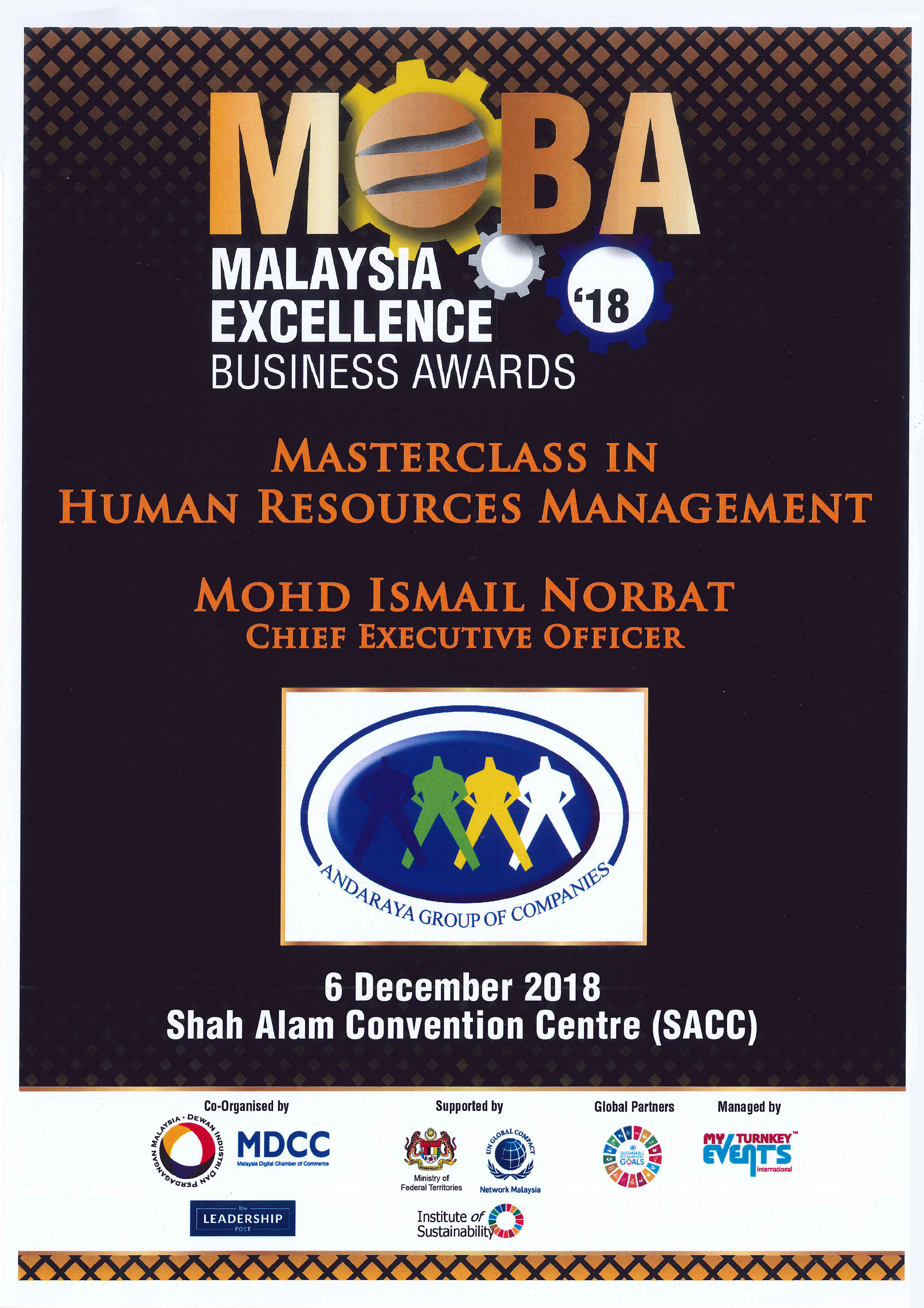 Malaysia Excellence Business Awards 2018 certificate